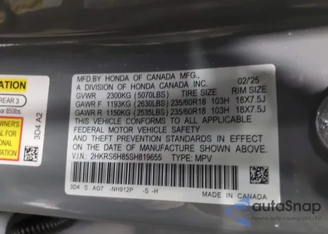 2025 Honda Cr-V Hybrid Sport-L from USA, damaged, VIN 2HKRS6H85SH819655